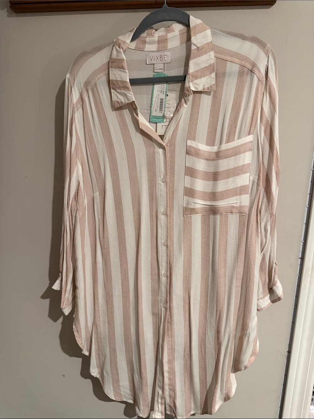 Women's Cream and Blush Striped Button-Down Shirt VIXBE size xl new